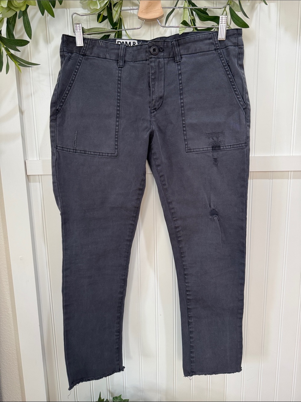 #465 PAM & GELA Washed Black Charcoal Distressed Ankle Twill Utility Pants